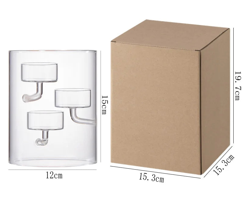 Cardboard box with dimensions and a glass product on a white background