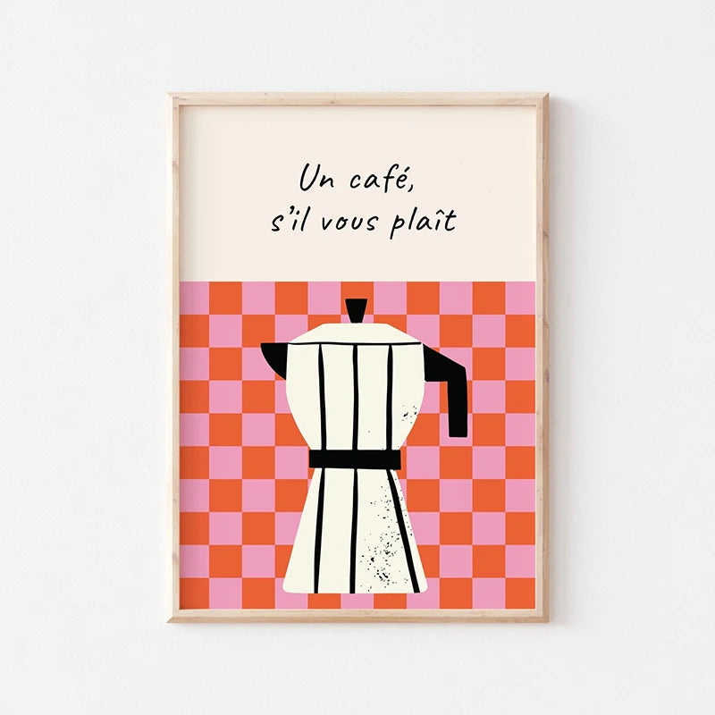 Framed artwork with a Moka pot design and 'Un café, s'il vous plaît' text on a checkered background.
