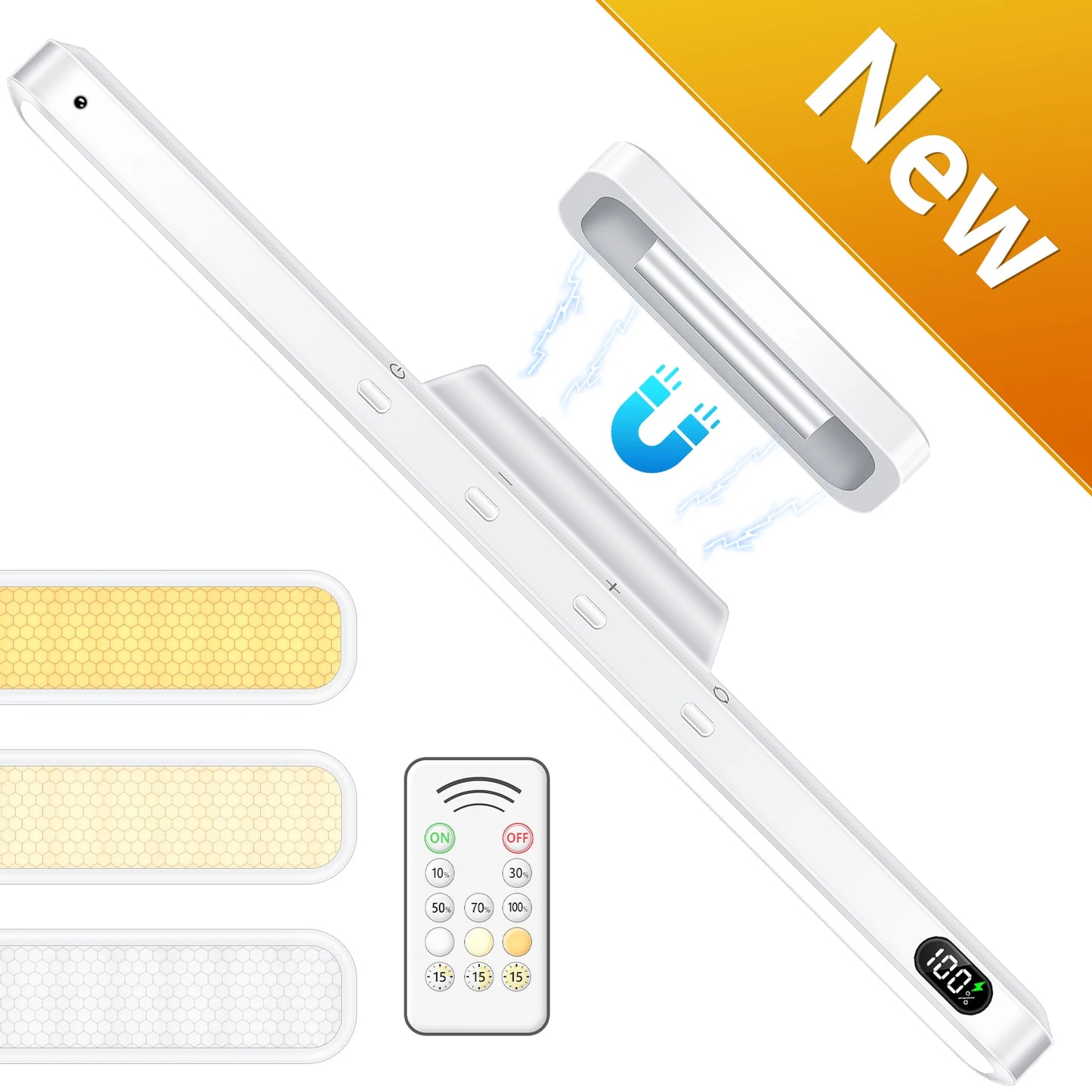 White LED light bar with remote control and color temperature options on a white background