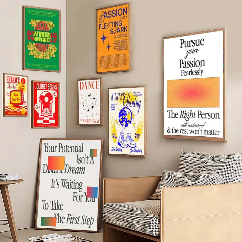 Wall with motivational posters in a living room setting