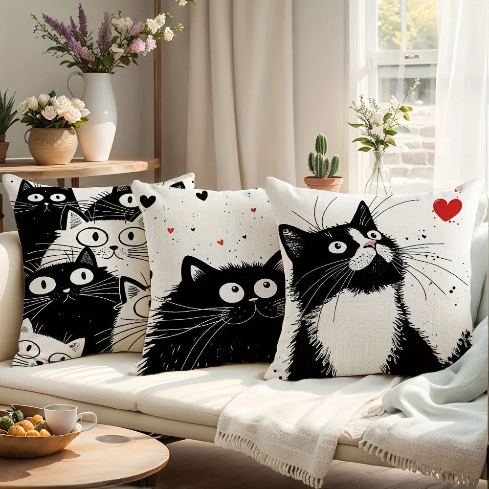 Cat-themed decorative pillows on a sofa with a homey decor background.