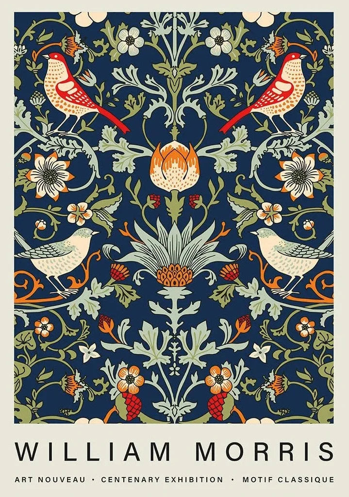 Decorative poster with birds and floral patterns on a blue background, featuring the name William Morris.