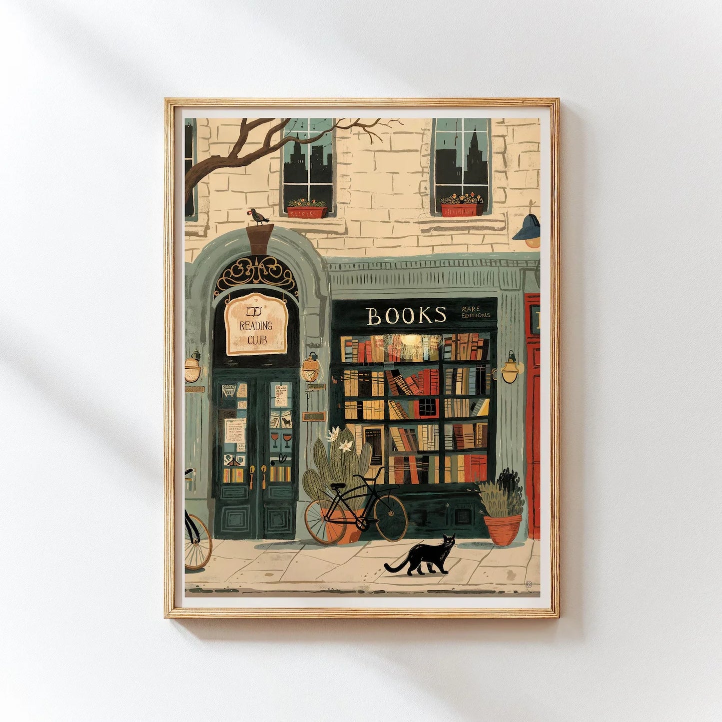 Illustrated cozy bookstore art print showing a charming bookshop exterior with books and warm details