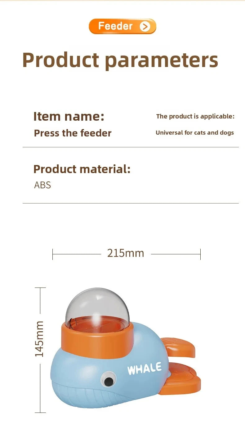 Product parameters of a whale-shaped feeder with dimensions and material details.