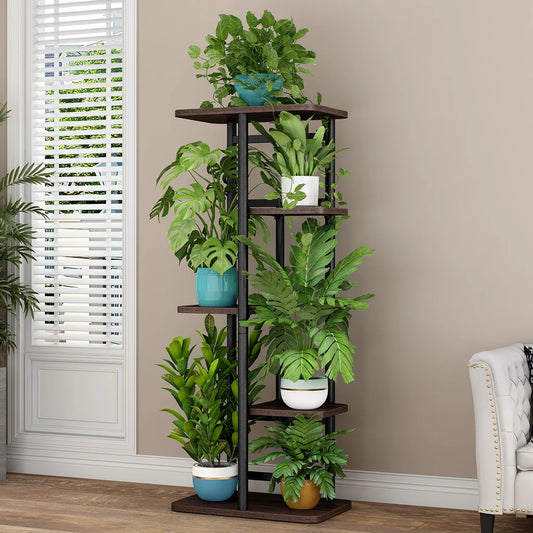 tall multi tier indoor plant stand metal flower shelf with wooden base for living room plant display