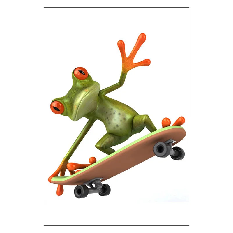 Toy frog on a skateboard with orange eyes and red spots on a white background
