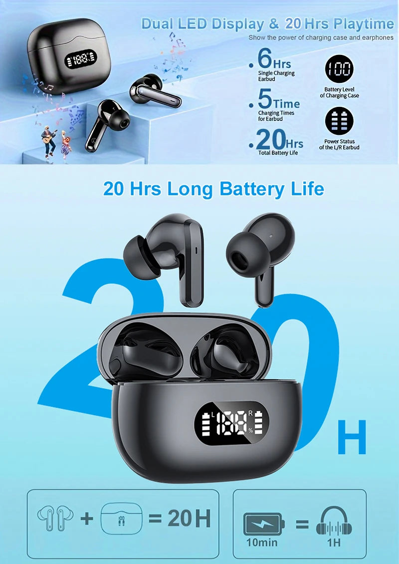 Black wireless earbuds with charging case on a blue background, highlighting battery life and features.