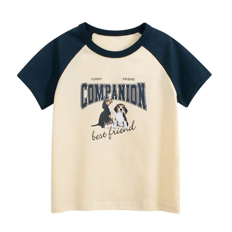 Beige and navy blue t-shirt with dog graphic and text on a white background