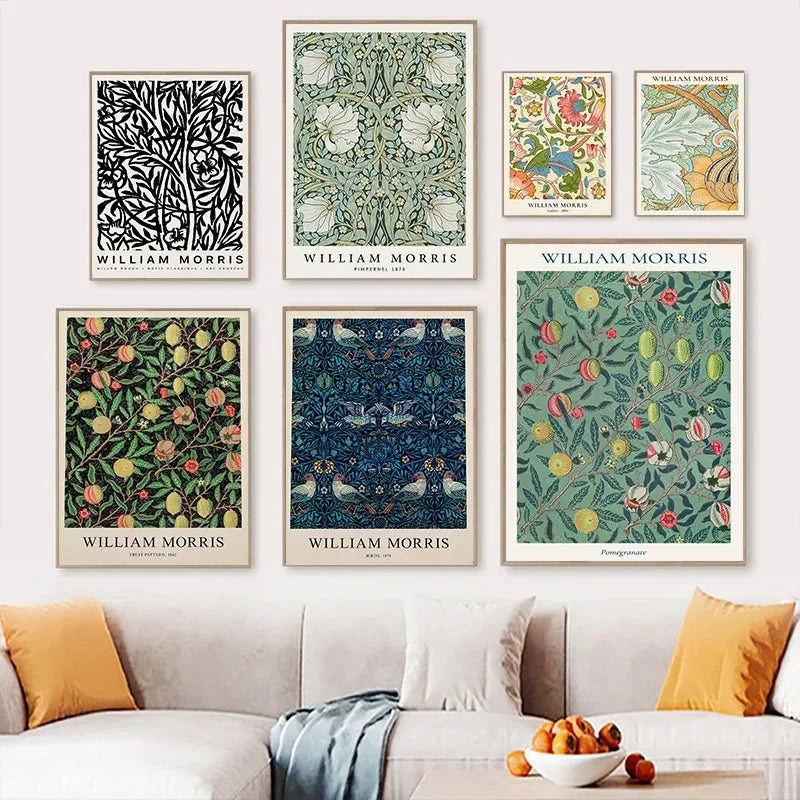 William Morris floral and bird canvas poster with vintage botanical pattern wall art