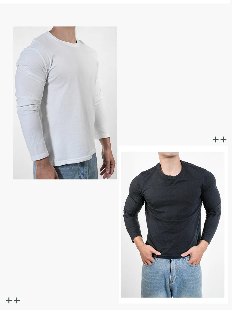 men’s white long sleeve cotton crew neck t-shirt casual fit