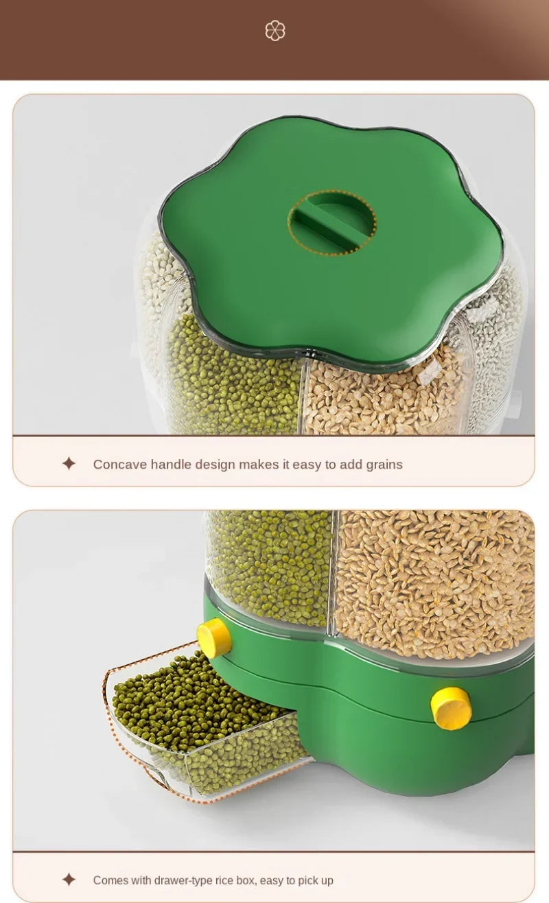 360° rotating cereal and grain dispenser with multiple compartments
