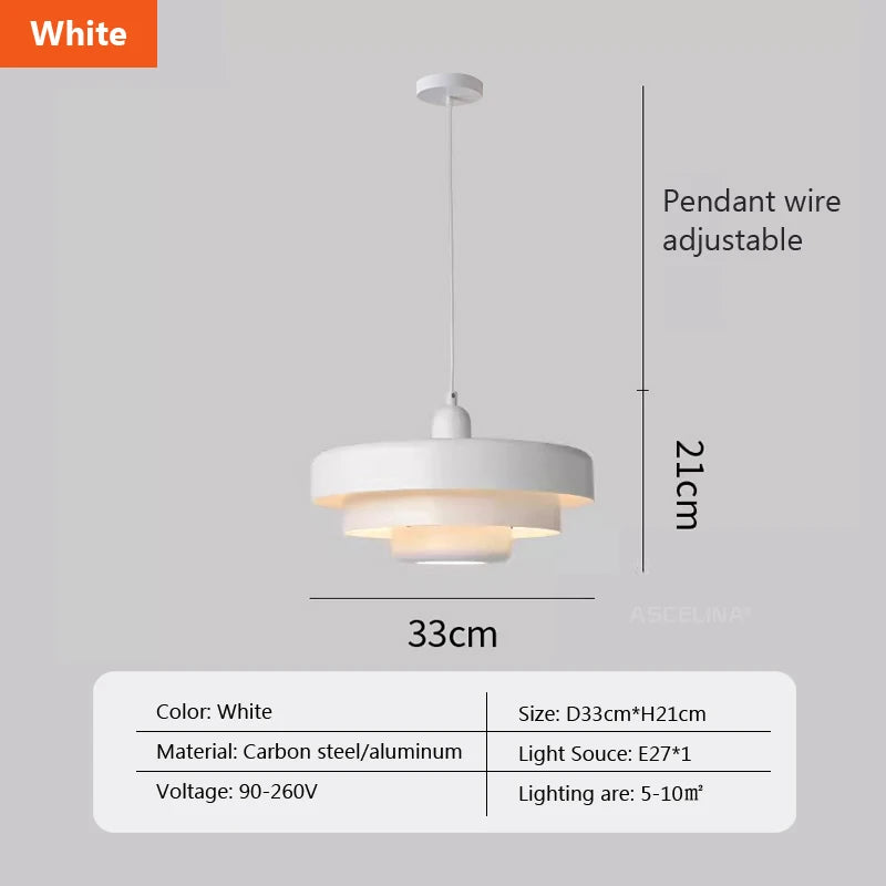 White pendant light with adjustable wire on a gray background, featuring dimensions and specifications.