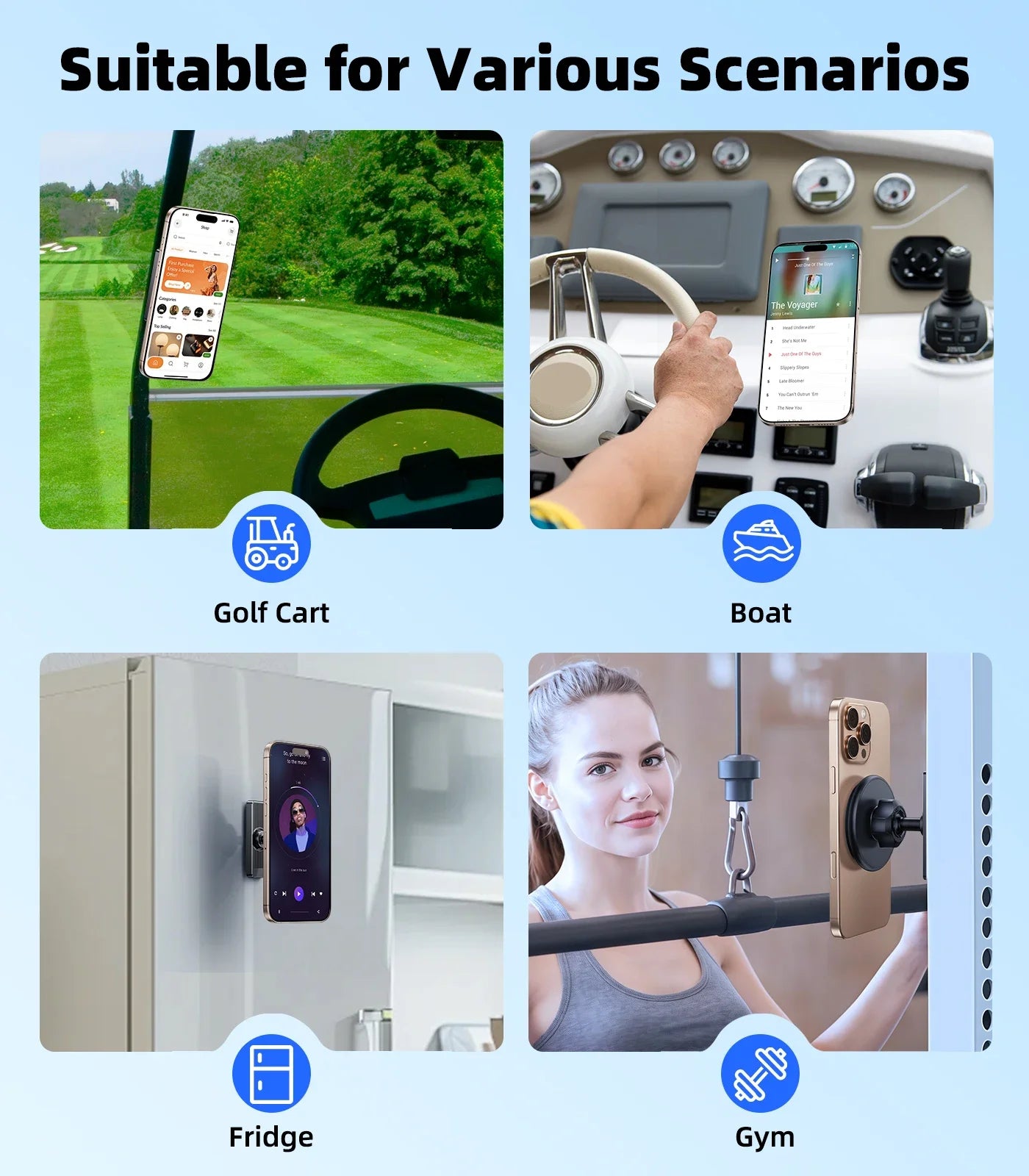 Smartphone mounted on various devices with text 'Suitable for Various Scenarios' above.