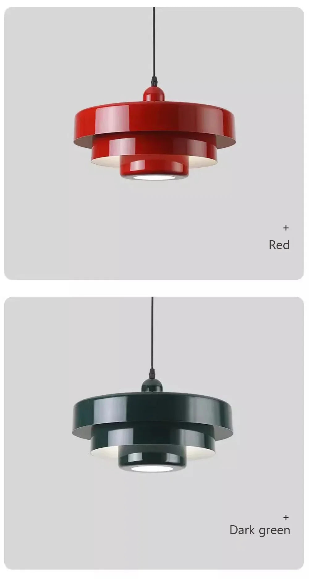 Two pendant lights, one red and one dark green, on a light gray background.