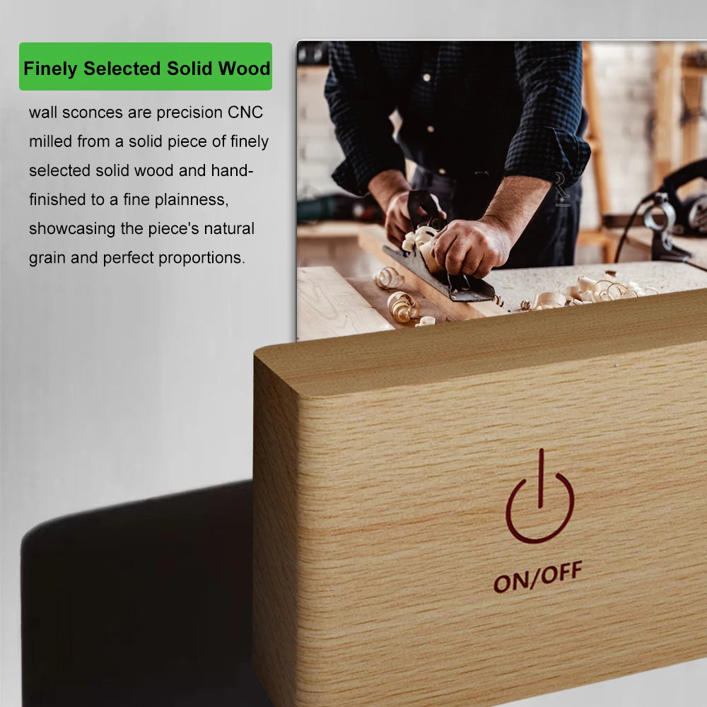 Wooden device with power symbol and 'ON/OFF' text, person sanding wood in the background.