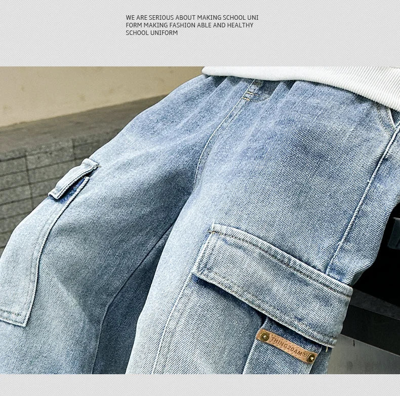 Light blue denim shorts with a brand label on a neutral background