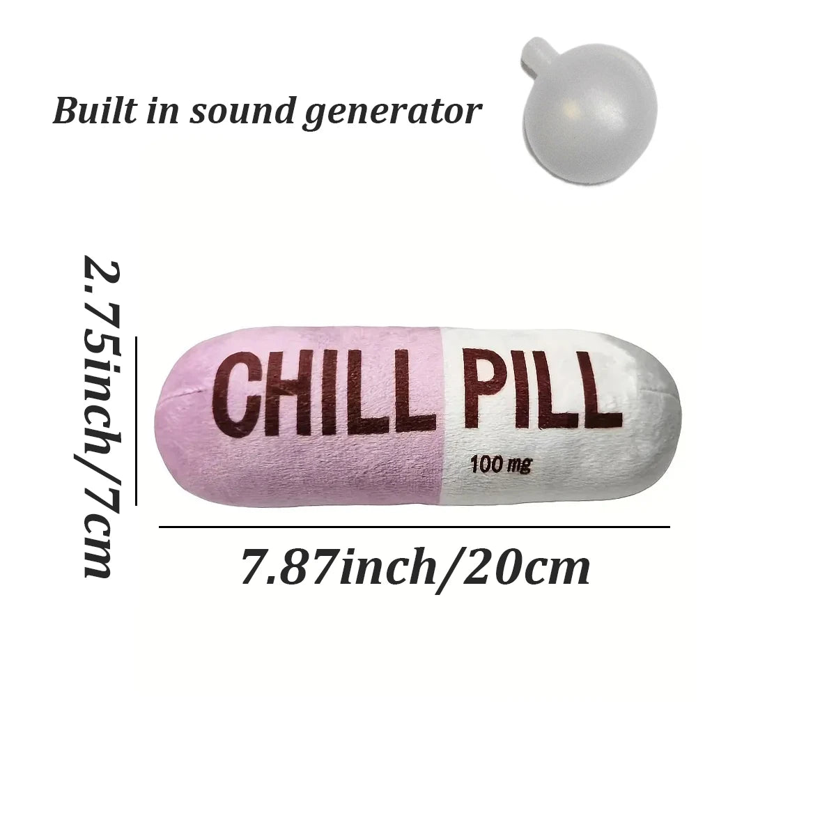 Cylindrical product labeled 'Chill Pill' with measurements and text on a white background