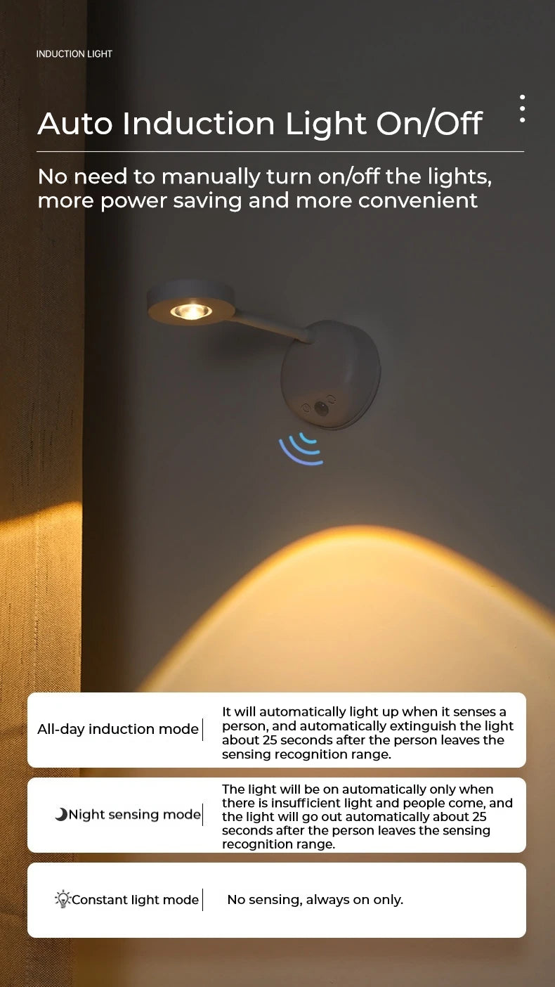 Induction light fixture with text explaining auto induction light on/off feature.