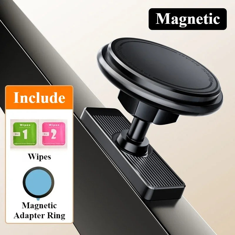 Black magnetic phone holder with wipes and adapter ring packaging on a beige background