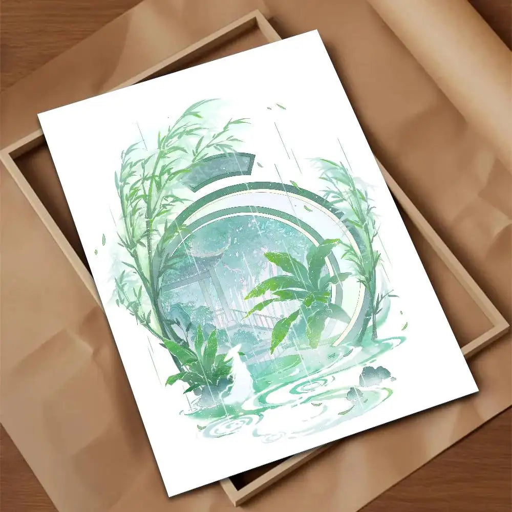 Green Jiangnan self-adhesive landscape art poster in modern Asian style for living room wall decor