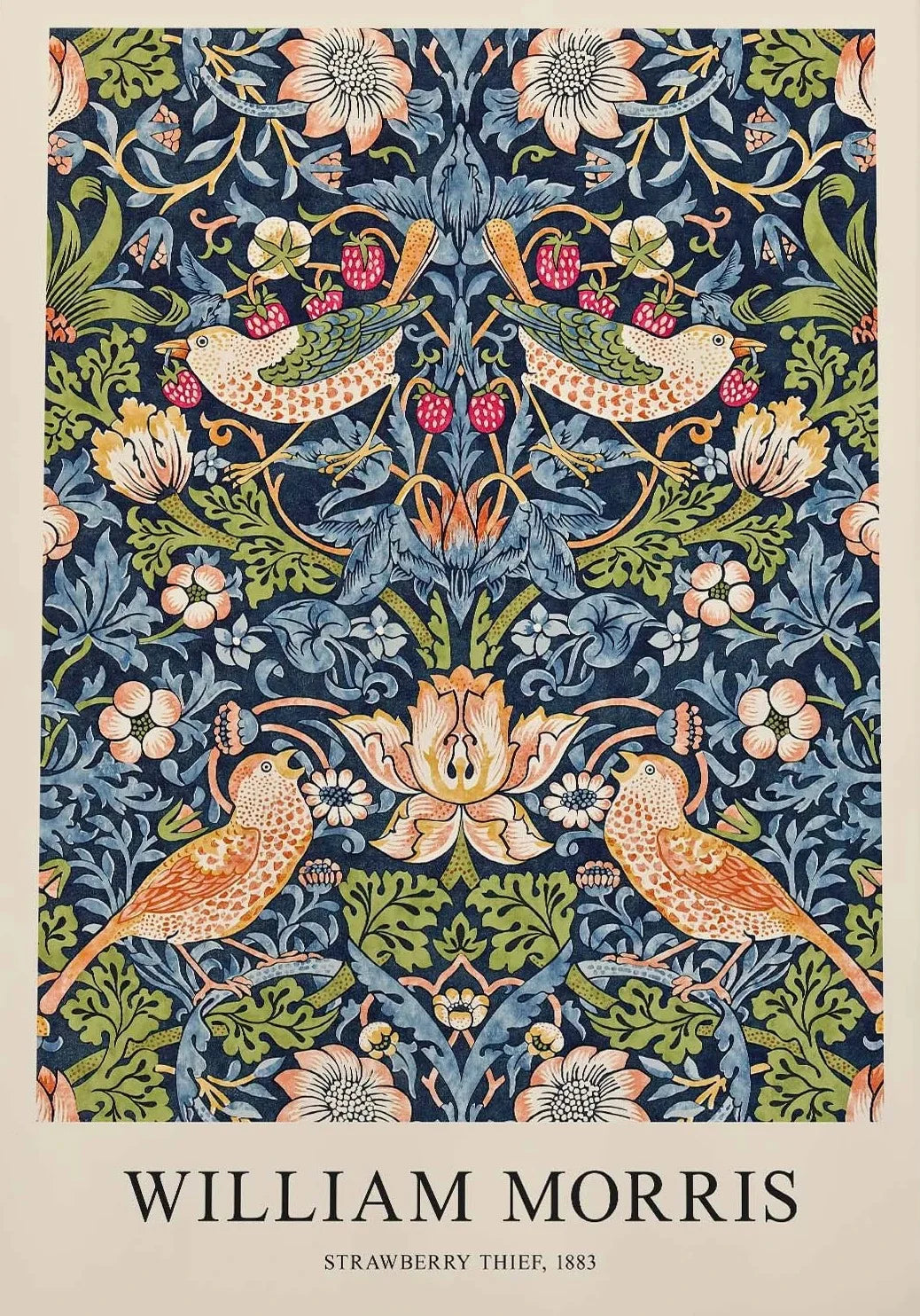 Decorative pattern with birds and flowers by William Morris, featuring the text 'Strawberry Thief, 1883'.