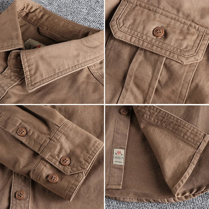 Collage of close-up details of a brown jacket with buttons and a brand label.
