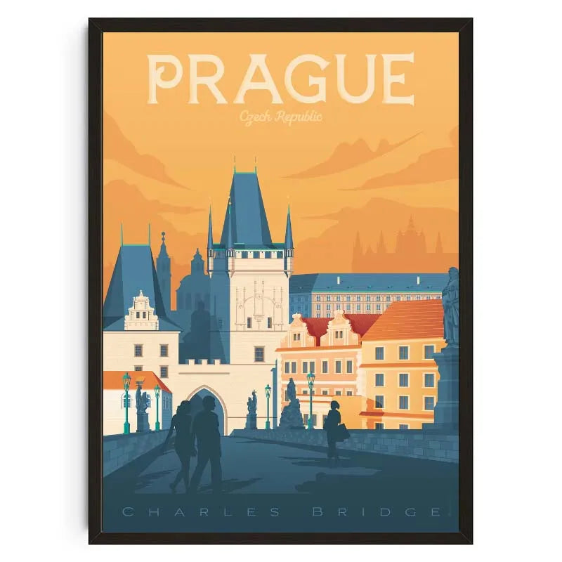 Poster of Prague with a castle and people on Charles Bridge against an orange sky.