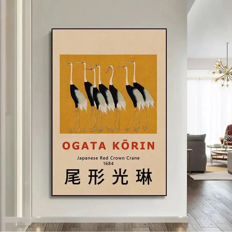 Framed artwork of Japanese Red Crown Crane by Ogata Korin on a wall in a modern interior.