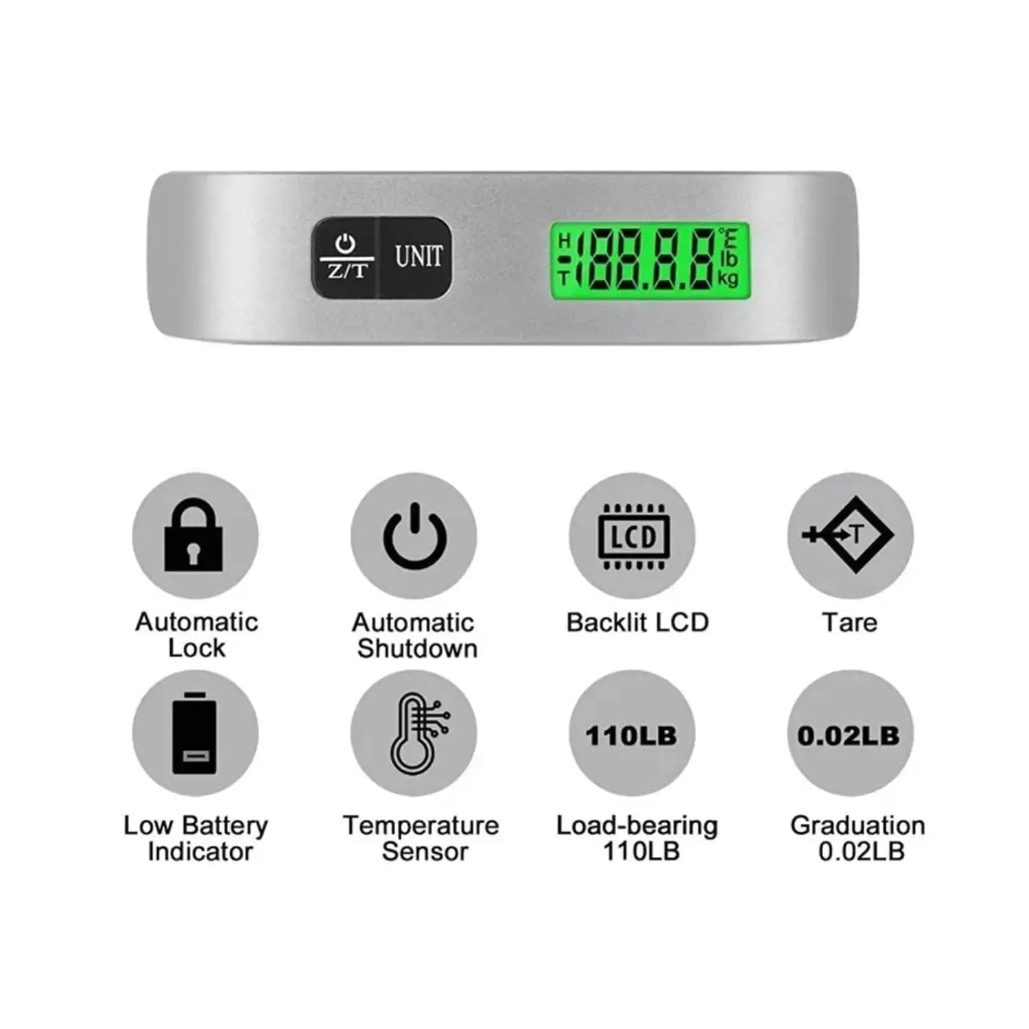 Digital scale with green display on a white background