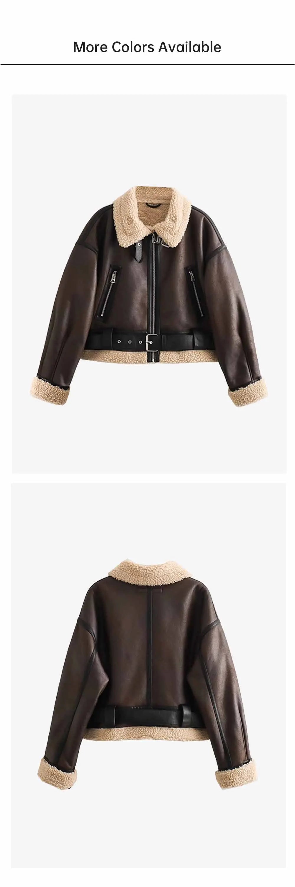 Women’s faux shearling aviator jackets with fur collar and belt detail in beige and dark brown, short winter coat style