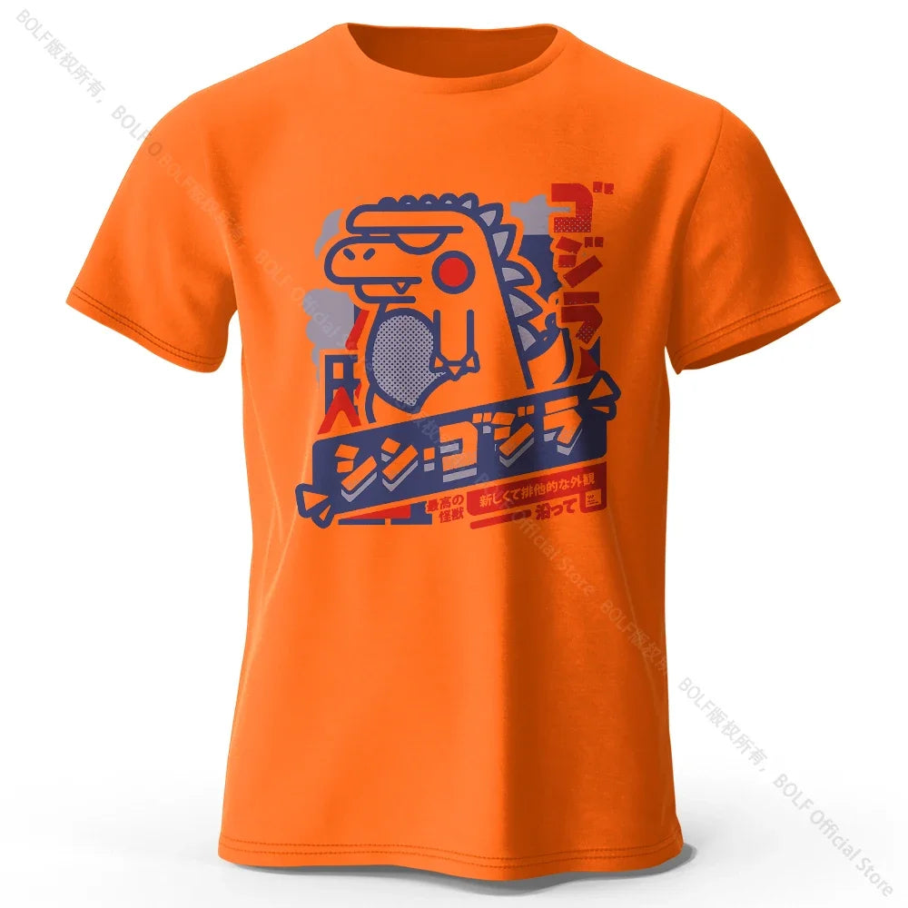 Orange t-shirt with a graphic design on a white background