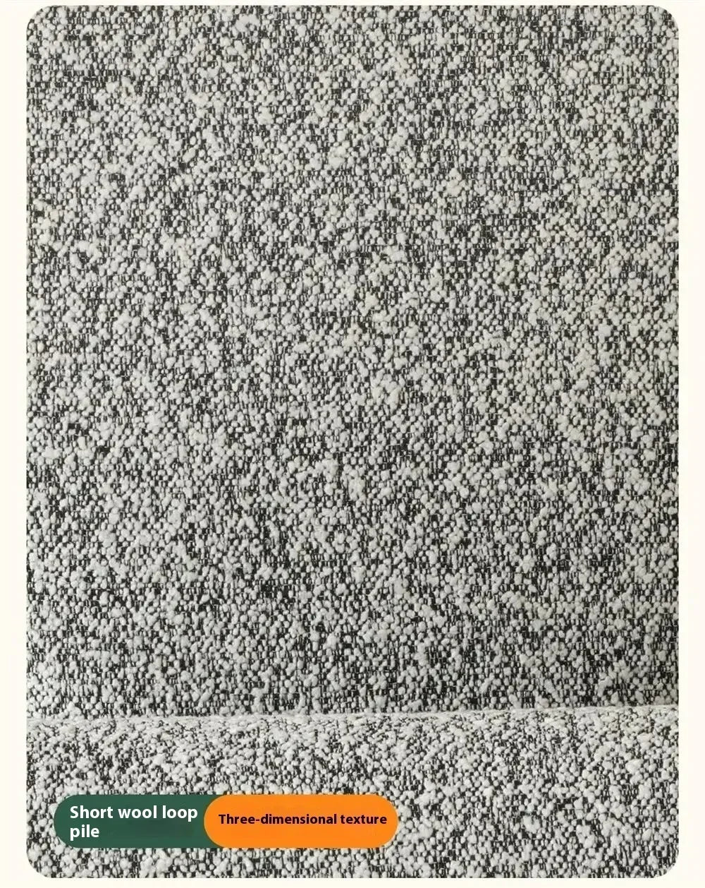 Textured gray fabric swatch with 'Short wool loop pile' and 'Three-dimensional texture' labels.