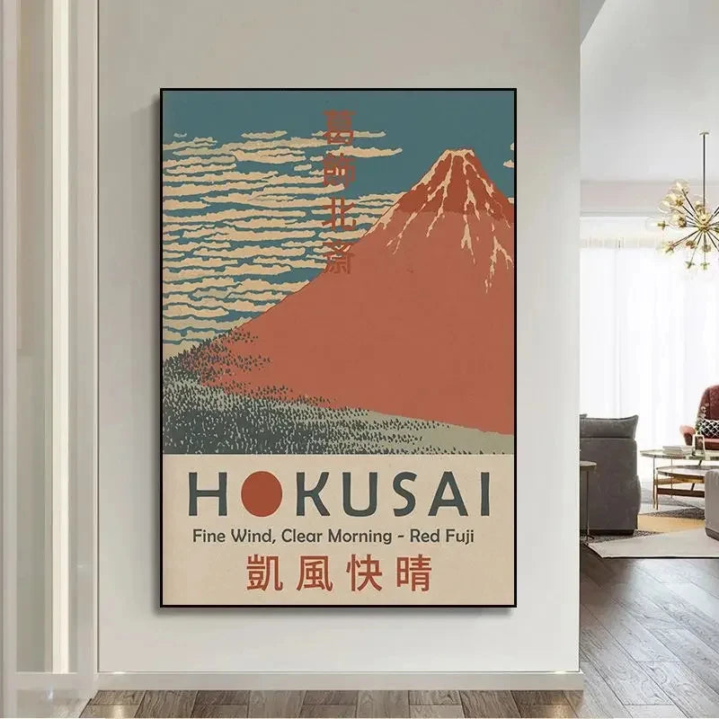 Framed artwork of Mount Fuji by Hokusai in a modern living room.