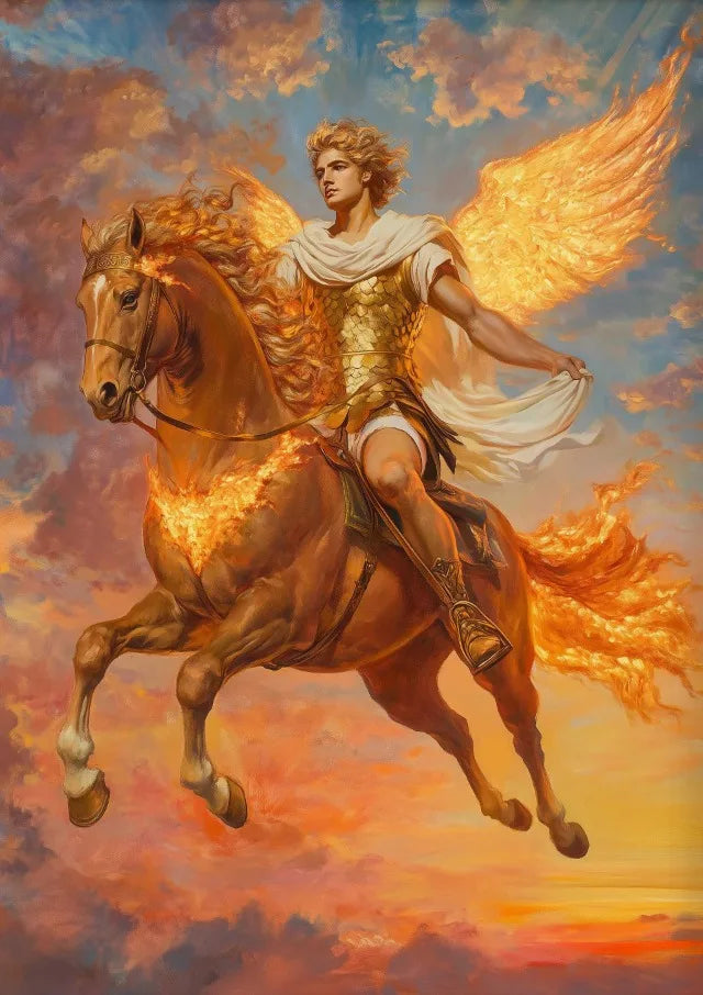 Man with wings riding a fiery horse against a colorful sky