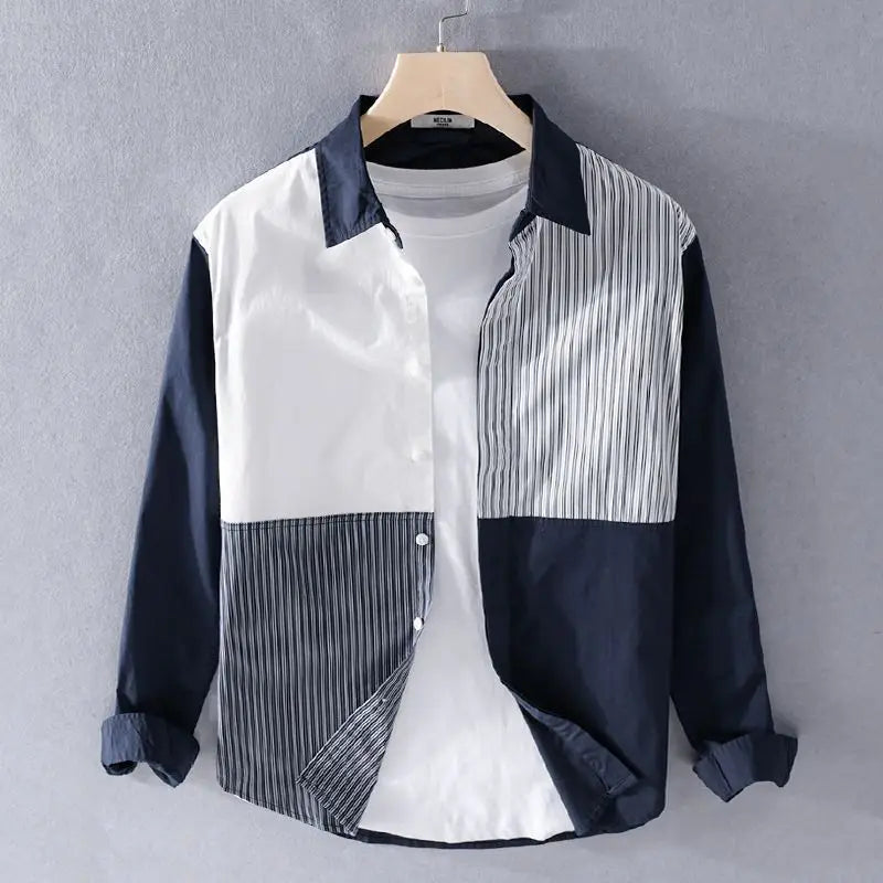 Men’s patchwork striped long sleeve shirt with contrast white or blue collar.