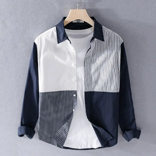 Men’s patchwork striped long sleeve shirt with contrast white or blue collar.