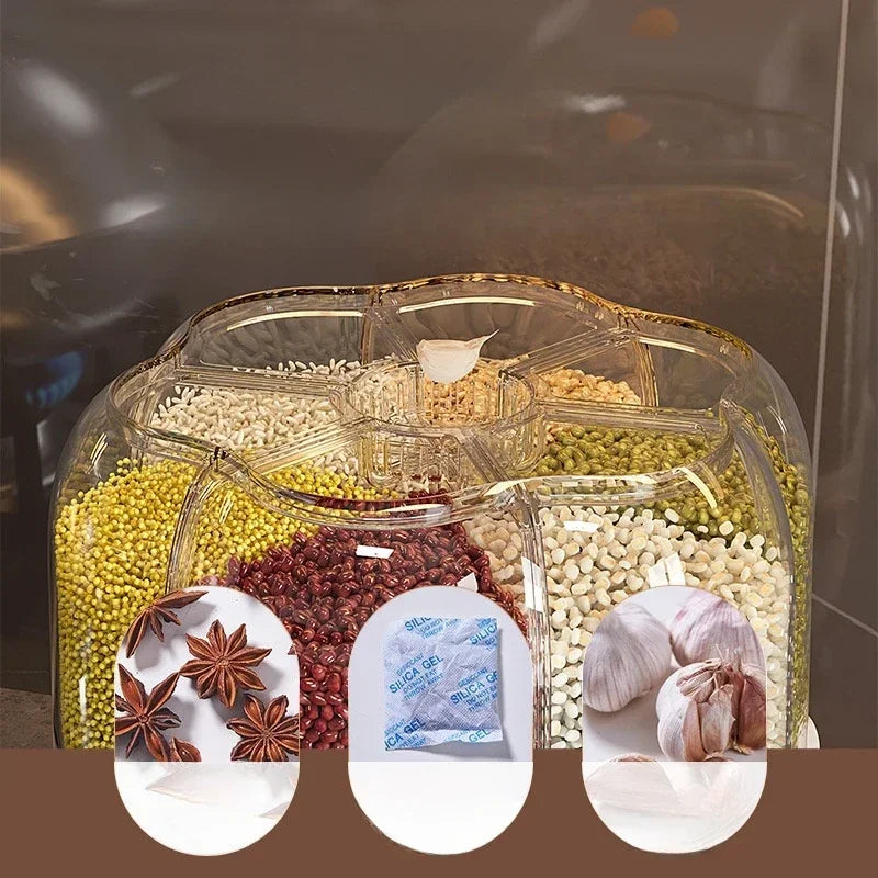 360° rotating cereal and grain dispenser with multiple compartments