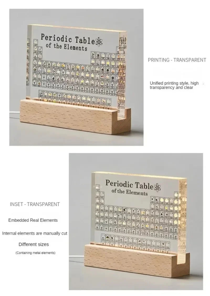 Periodic Table of Elements with wooden base on a light gray background