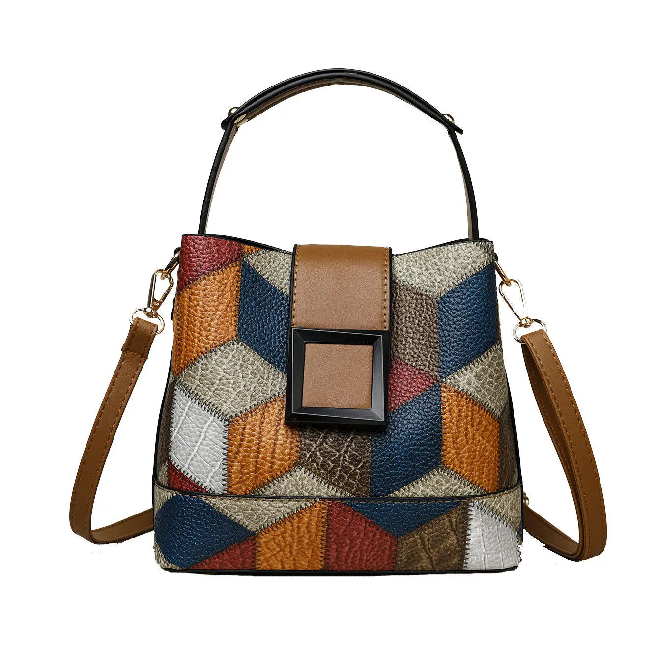 Multicolored patchwork handbag with a brown handle and strap on a white background