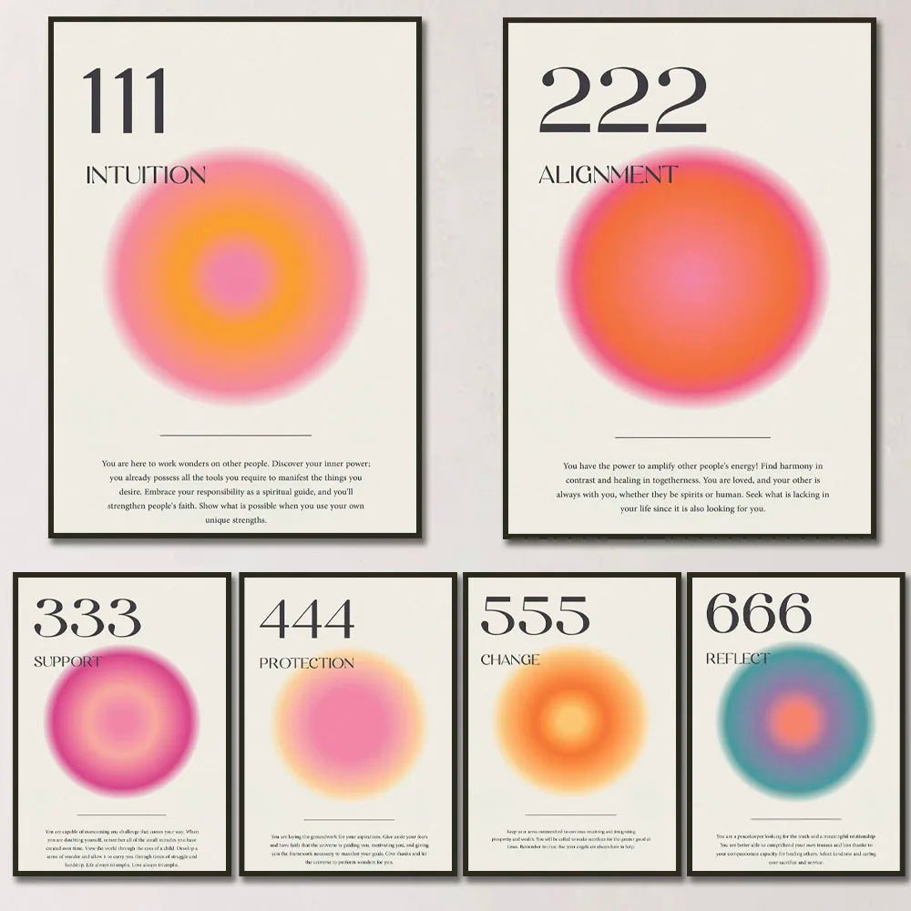 Six angel number aura print designs featuring 111, 222, 333, 444, 555 and 666 with colourful gradients, shown in illustrative frames.