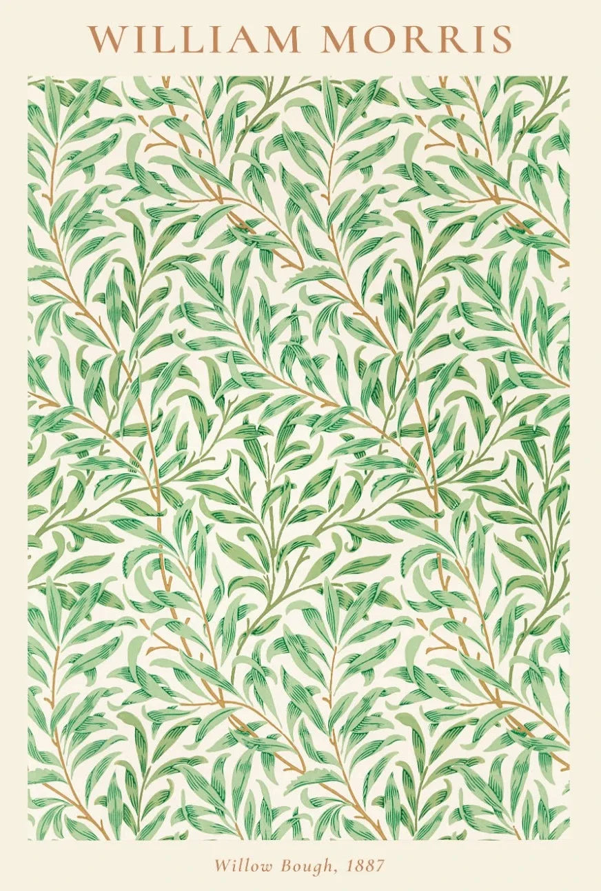 Decorative pattern with leaves and branches by William Morris on a beige background