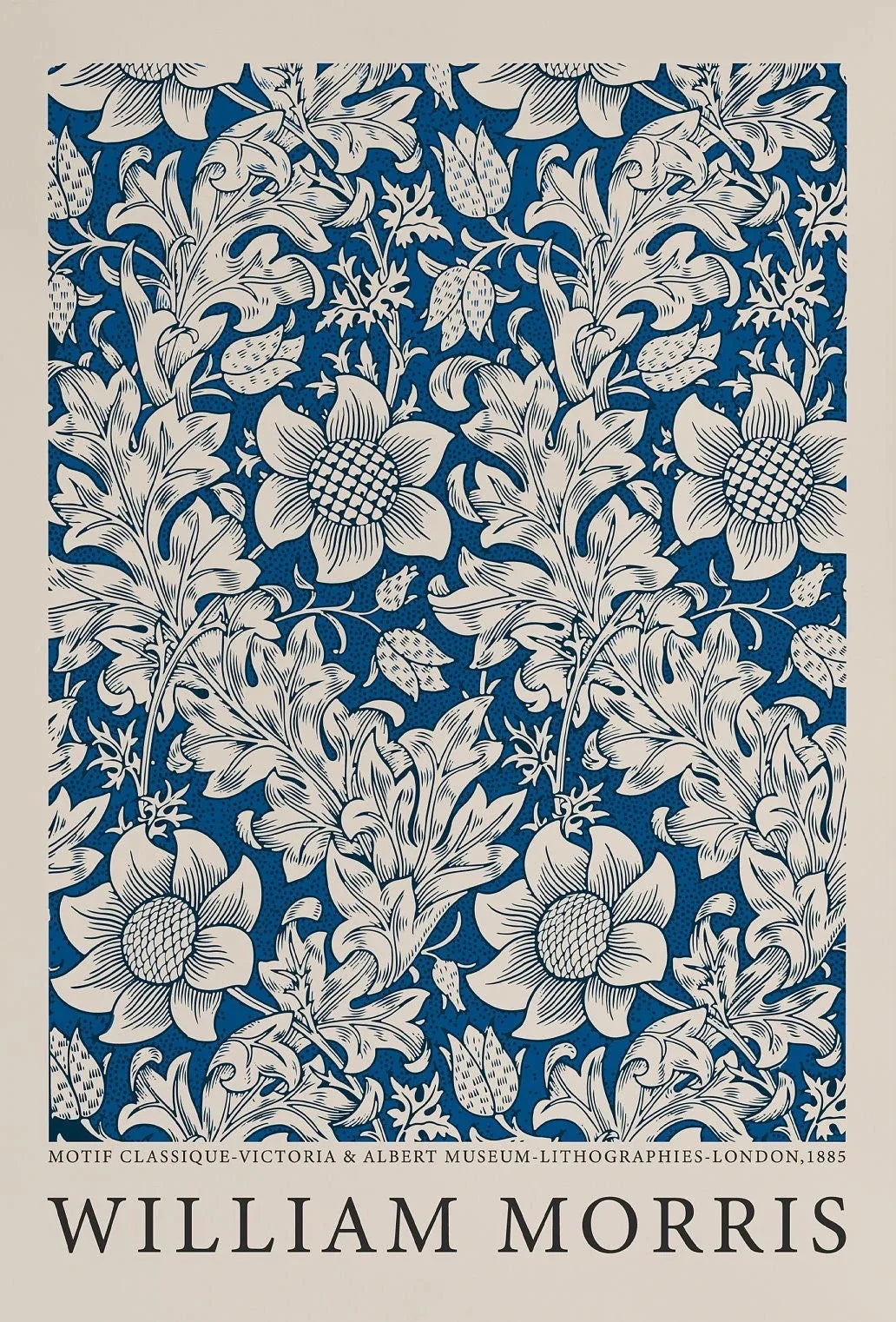 Floral pattern with William Morris branding on a blue and beige background