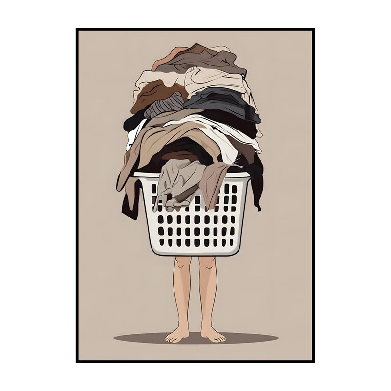 Illustration of a person standing inside a laundry basket filled with clothes on a beige background