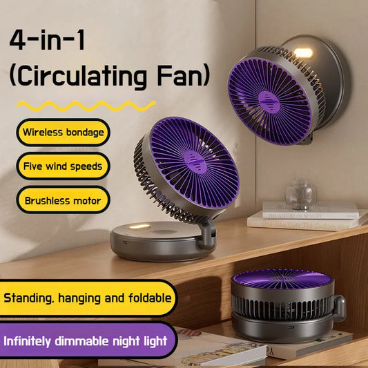 Foldable 4-in-1 USB desk fan with purple blades, shown mounted on wall, standing upright, and folded flat on a wooden shelf