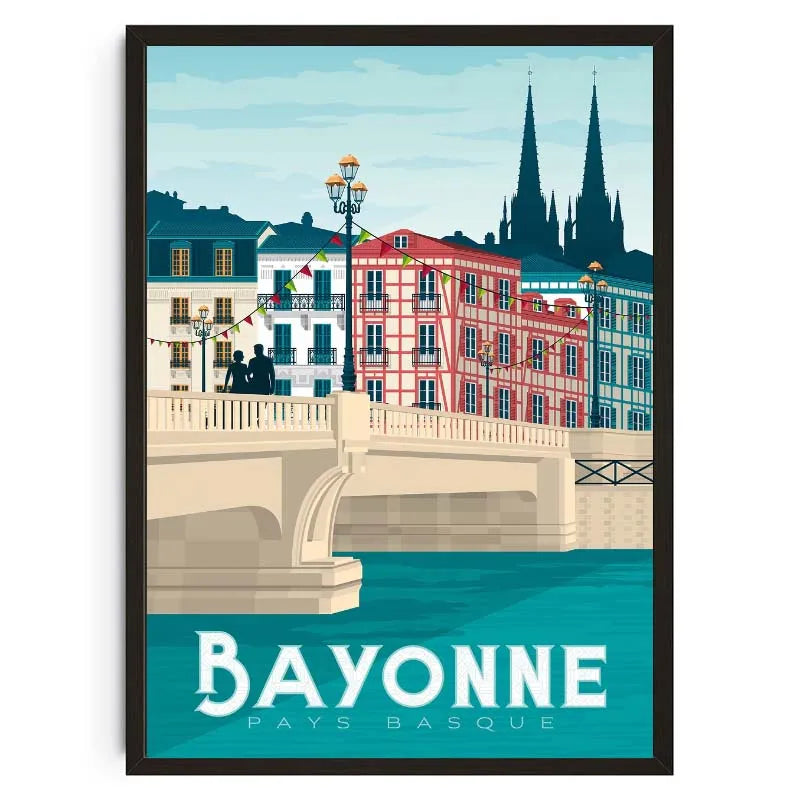 Poster of Bayonne with buildings and bridge over water