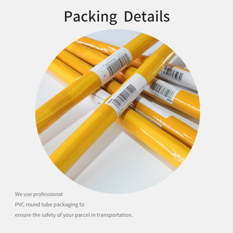 Yellow PVC round tubes with labels on a white background, labeled 'Packing Details'.