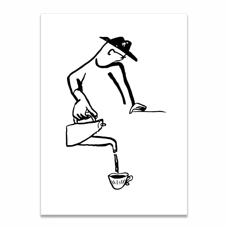 A minimalist black line art print depicting a man in a hat pouring water from a pitcher into a cup, shown on a white background with a subtle drop shadow.