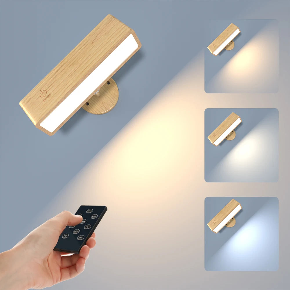 Wooden wall light fixture with remote control on a gray background