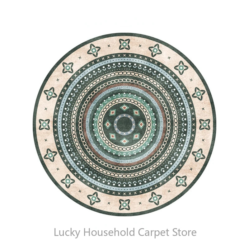 Round carpet with a geometric pattern on a white background, branded as Lucky Household Carpet Store.