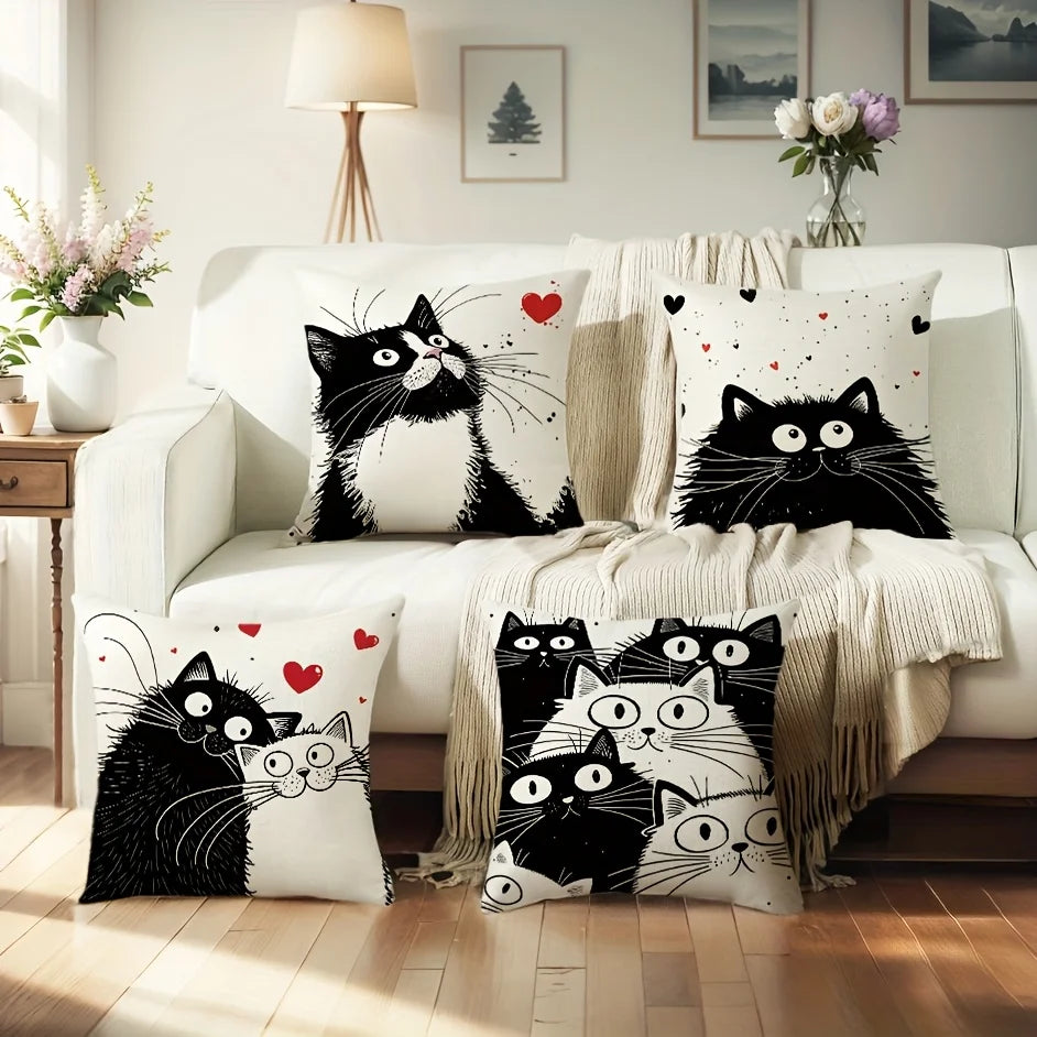 Black and white cartoon cat pillowcase displayed as a decorative cushion cover for home décor